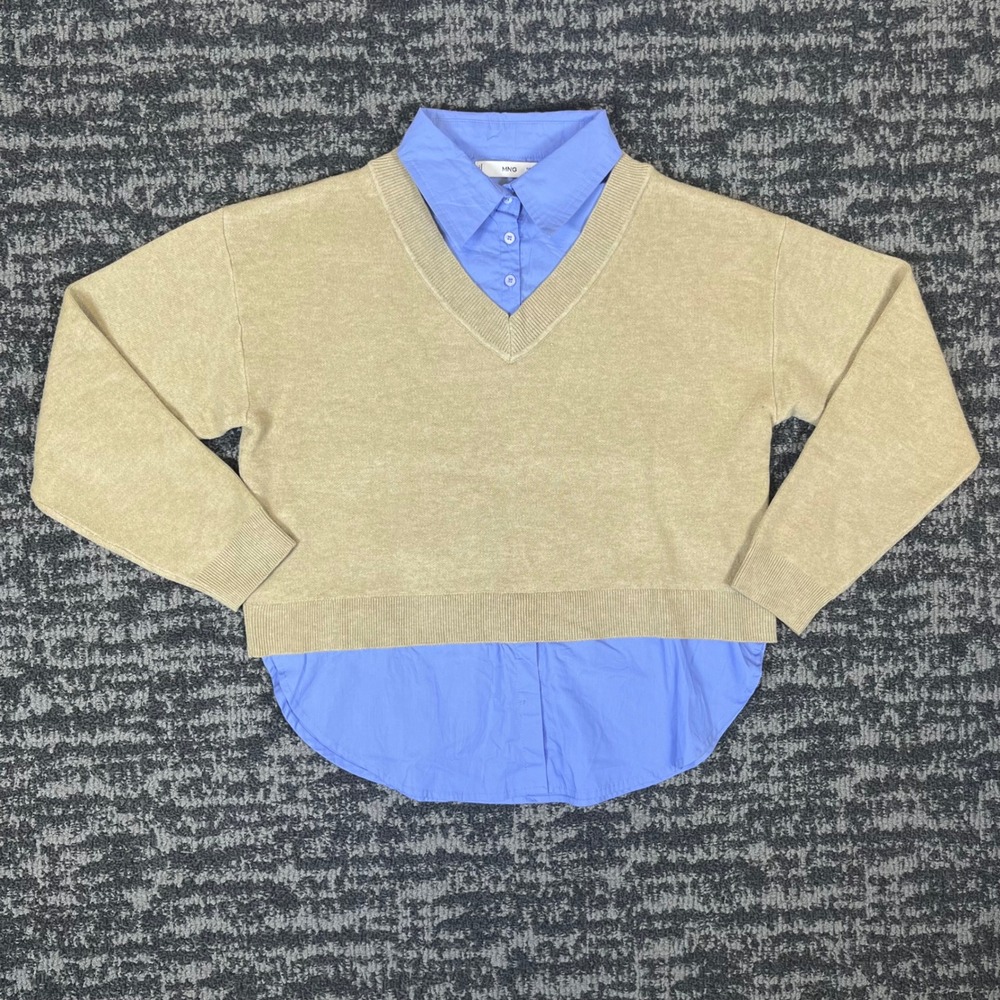 Mango MNG Tan V-Neck Sweater Blue Shirt Layered 2-in-1 Top Preppy Small